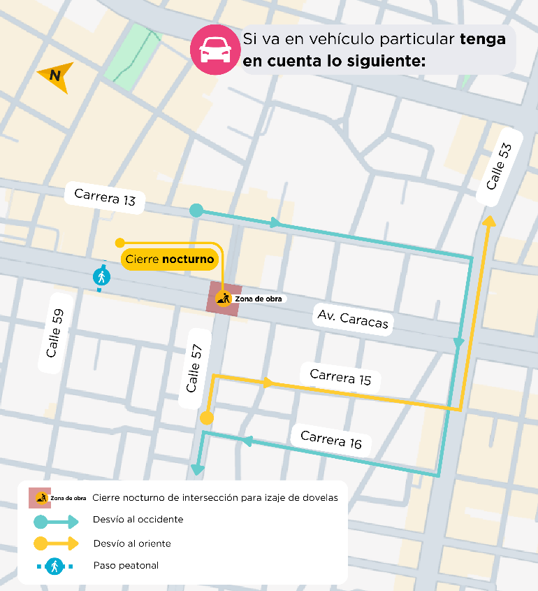 Mapa del cierre nocturno que se realizará en la Avenida Caracas con calle 57