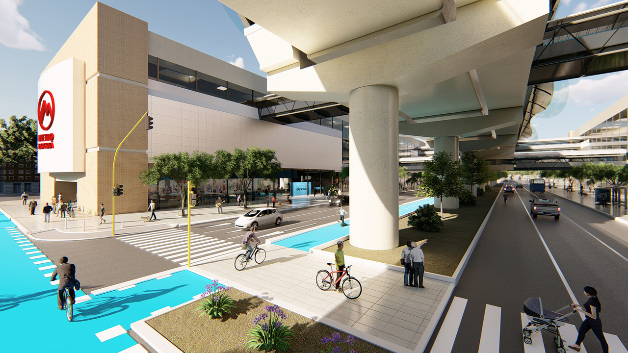 Render estación Kennedy donde se ve la integración del viaducto con el entorno y el edificio de acceso